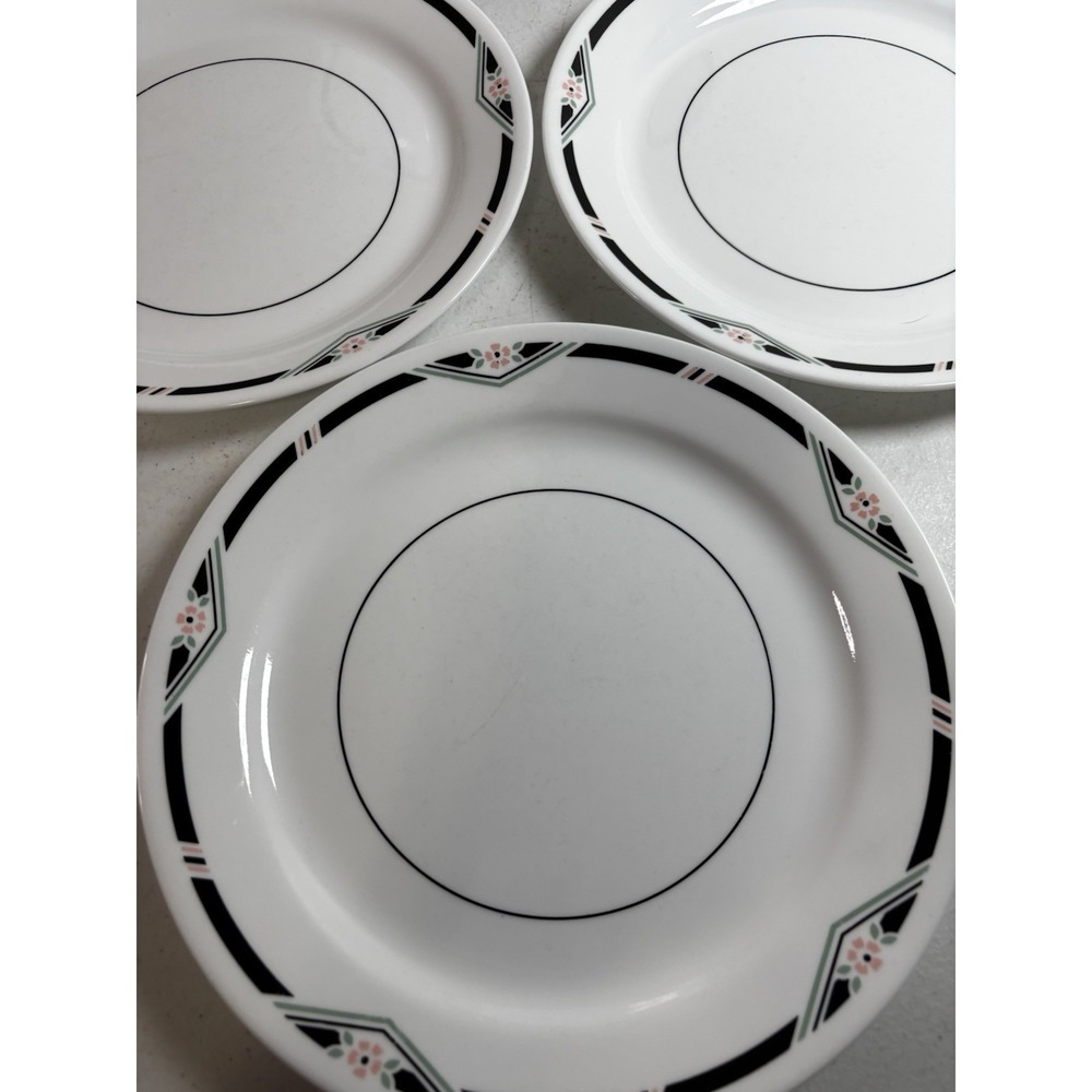 Corelle ZENITH Dinner Plates 10 1/4" White Black Trim Pink Flower Set of 4 - Picture 3 of 8